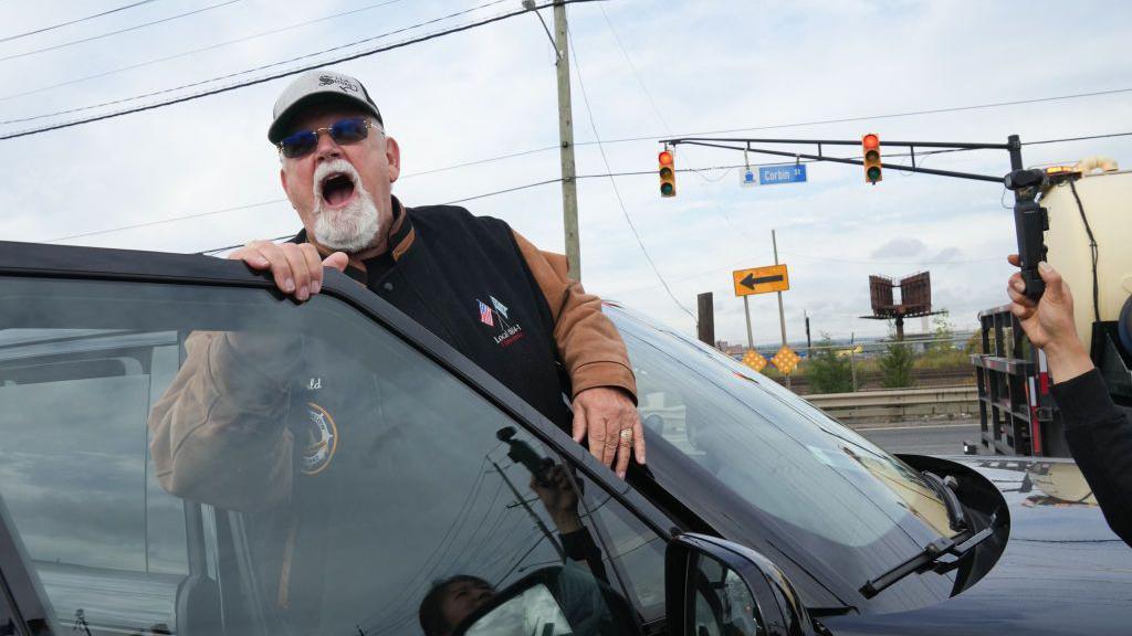 Harold J. Daggett, president of the International Longshoremen's Association speaks as dockworkers at the Maher Terminals in Port Newark are on strike on October 1, 2024 in New Jersey.