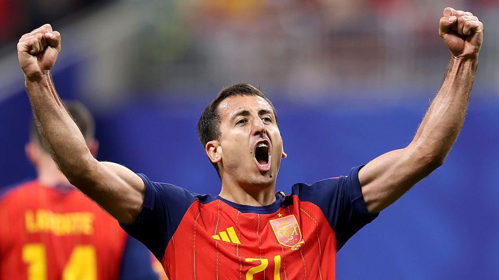 Mikel Oyarzabal celebrates scoring his second goal, and Spain's third, in their 4-0 win over Saudi Arabia