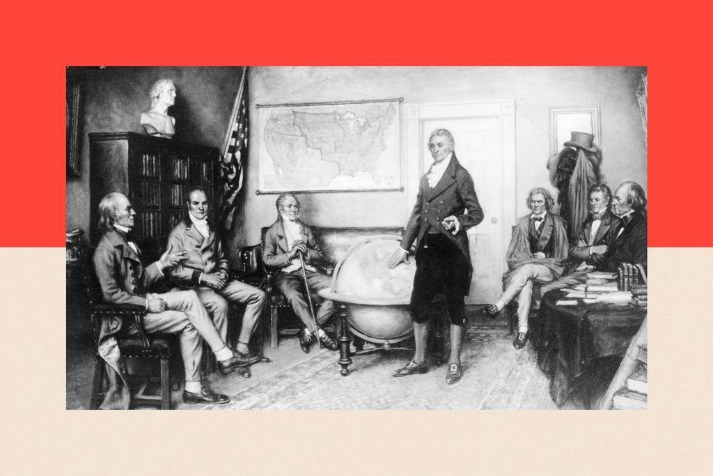 Një vepër arti bardh e zi e vitit 1823 tregon Presidentin e atëhershëm të SHBA-së, James Monroe, duke qëndruar përpara një globi të madh, i rrethuar nga politikanë të tjerë të veshur me rroba bashkëkohore.