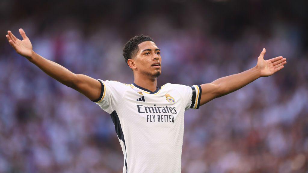 Jude Bellingham celebrating after scoring a goal for Real Madrid.