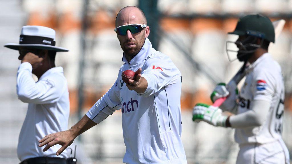 England spinner Jack Leach gestures with ball in hand during the first Test against Pakistan