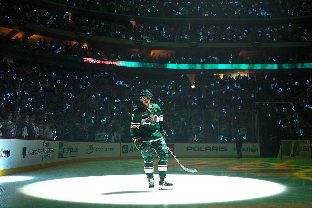 The Minnesota Wild's Brock Faber skates on the ice before the 7-4 NHL defeat by the Columbus Blue Jackets in Minnesota.