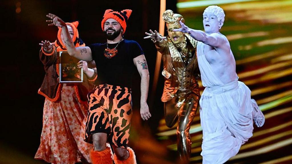 Greek singer Akylas Mytilinaios, aka Akylas and representing Greece with the song 'Ferto', performs during the dress rehearsal for the grand final of the Eurovision Song Contest 2026 .