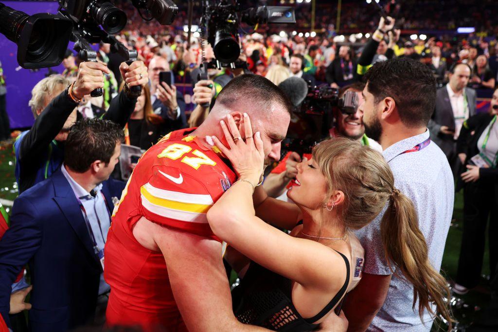 Taylor Swift embracing Travis after he won February's Super Bowl