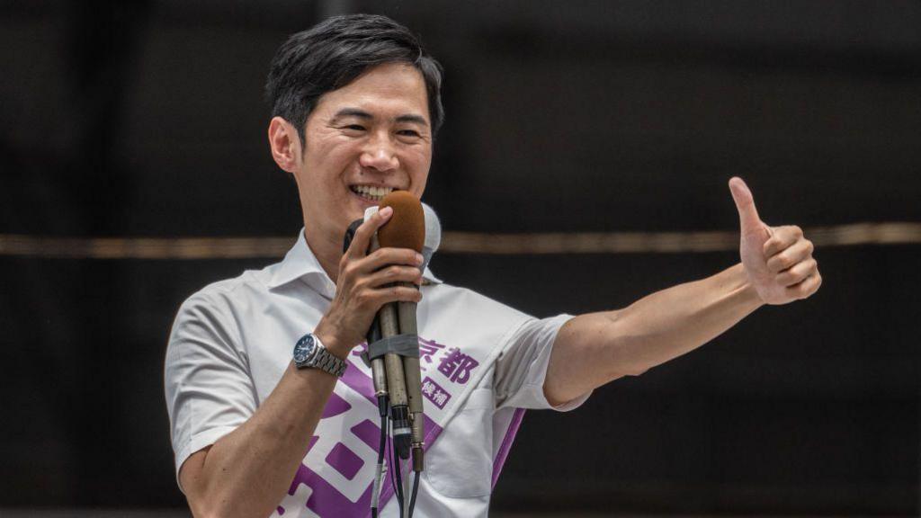 Tokyo gubernatorial election candidate and former mayor of Akitakata city of Hiroshima prefecture Shinji Ishimaru delivers a speech during an election campaign in Tokyo 