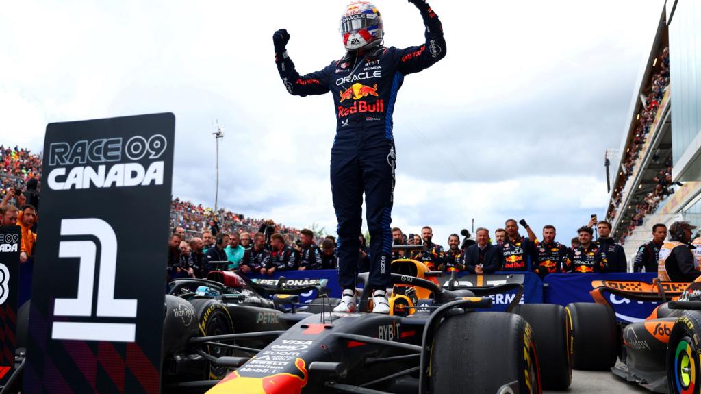 Max Verstappen celebrates winning the Canadian Grand Prix