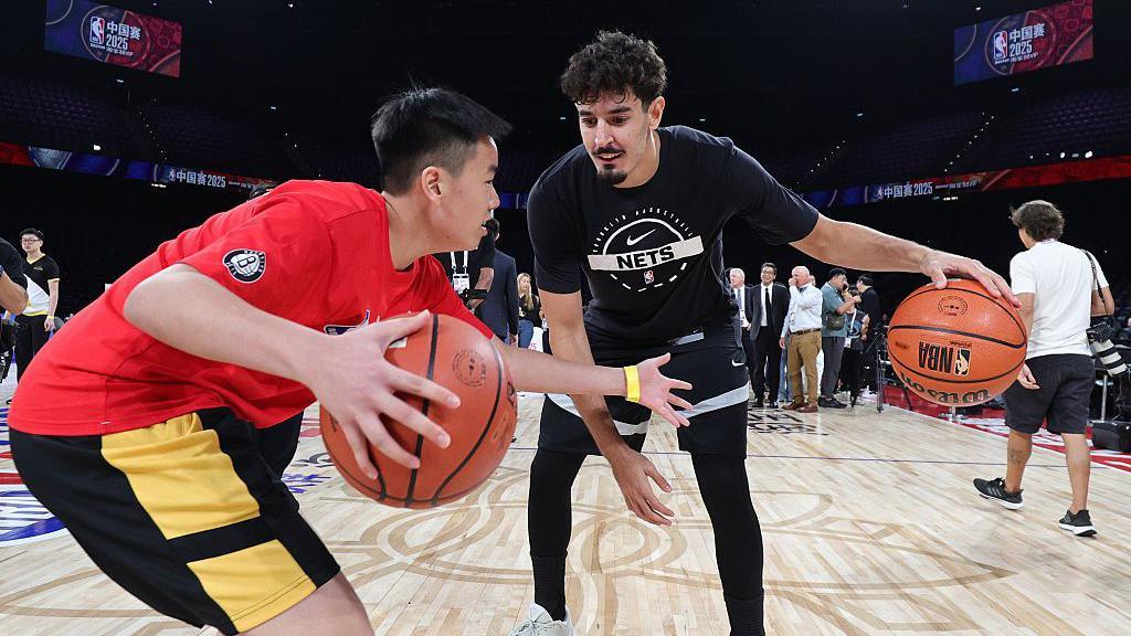 Ben Saraf #77 of the Brooklyn Nets participates during NBA Cares and Sands Cares Community Service Week Tipoff as part of 2025 NBA Global Games China at Venetian Arena