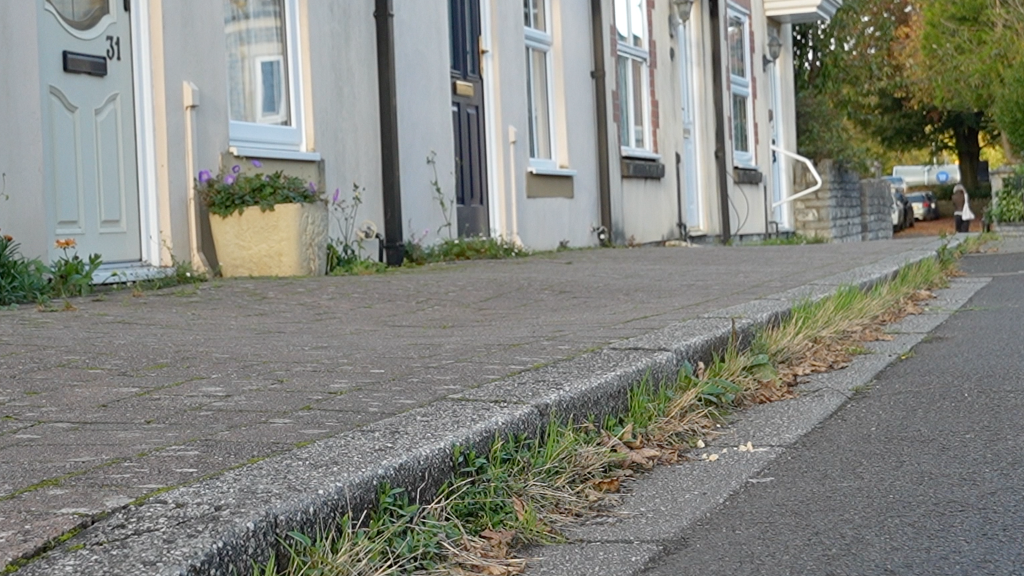 The estate with grass coming out the side of the pavements