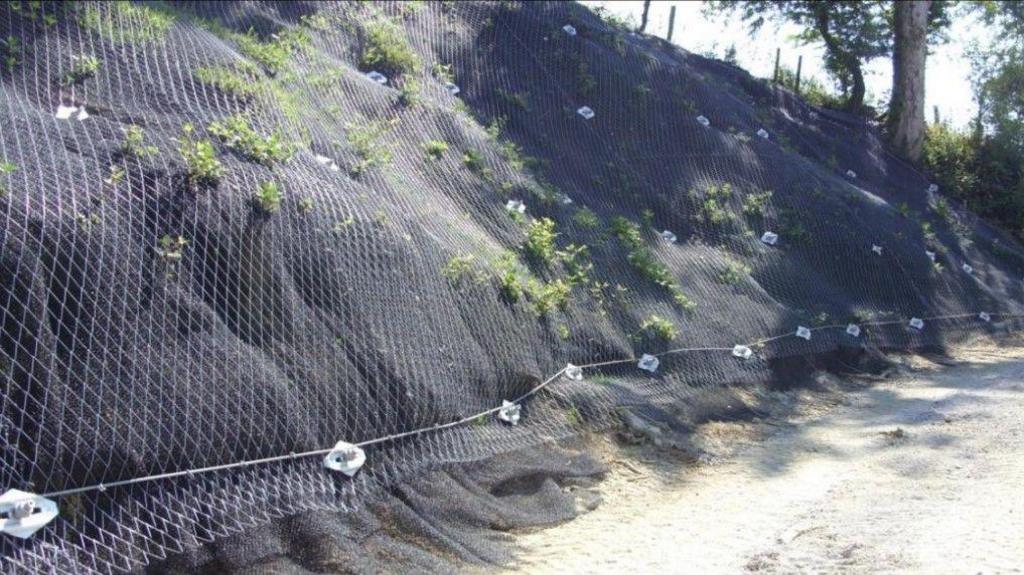 A stretch of steep bank alongside a road, held in place by netting and metal pins