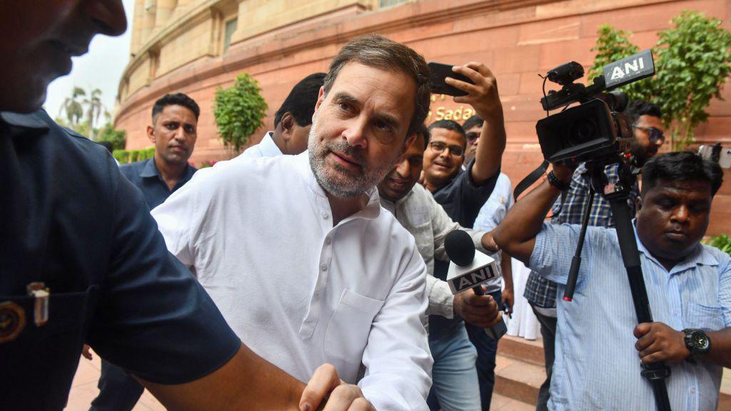 Indian National Congress party leader Rahul Gandhi (C) arrives at the Parliament in New Delhi on June 26, 2024. India's new leader of the opposition Rahul Gandhi said on June 26 that his lawmakers would not be silenced, in his first speech since formally taking up a post vacant for a decade. (Photo by AFP) (Photo by -/AFP via Getty Images)