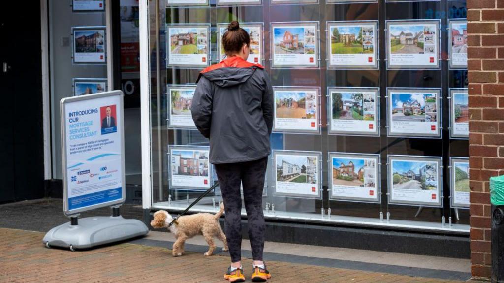 Woman looking in estate agents' window