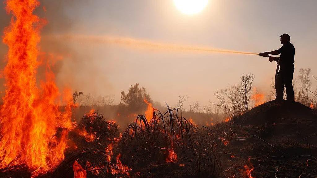 The silohouette of a firefighter tackling a live fire. He stands on a mound of dirt to the right of the image, holding a water hose, which is spraying water over gorse and hedging fully alight on the ground and a large flame rising up to the sky to the left of the image. 