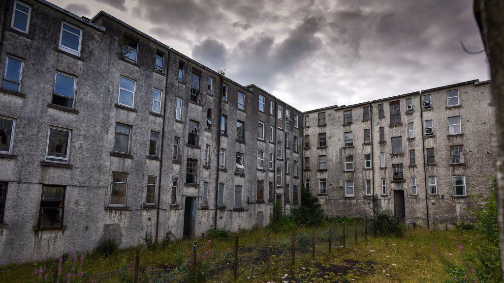 A view of some disused tenement housing on the Clune Park estate on August 2, 2019 in Port Glasgow, Scotland.