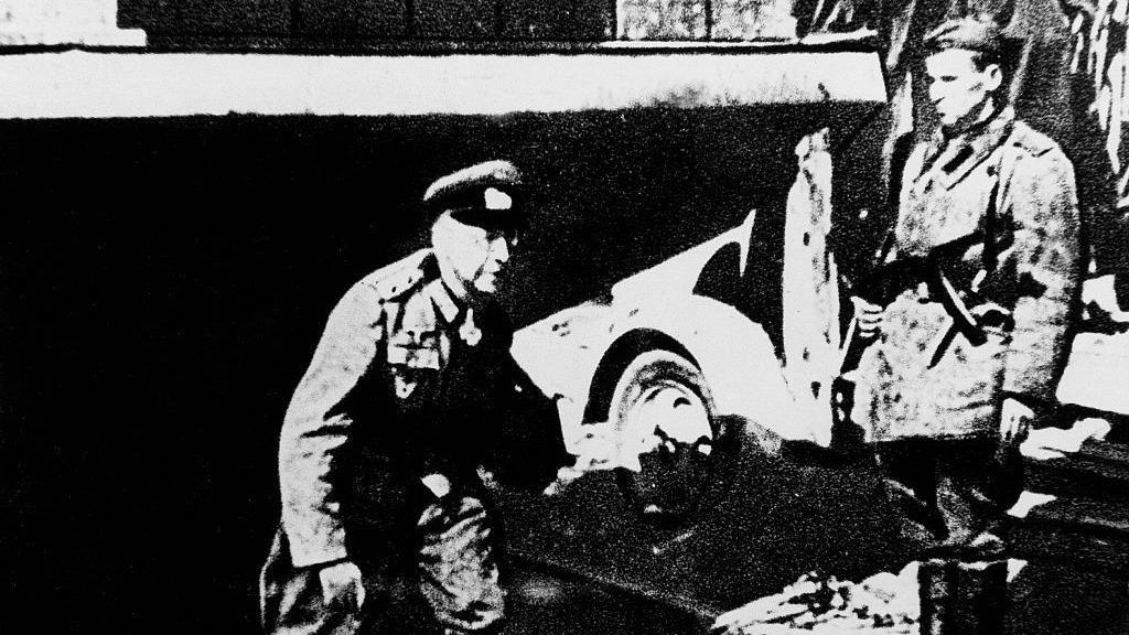 German Nazi General Helmuth Weidling (left) emerges from the bunker to capitulate. Photo: May 1945