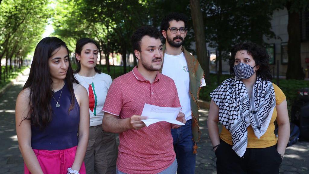 Columbia University student Mahmoud Khalil talks to the press during the press briefing organized by Pro-Palestinian protesters who set up a new encampment at Columbia University's Morningside Heights campus