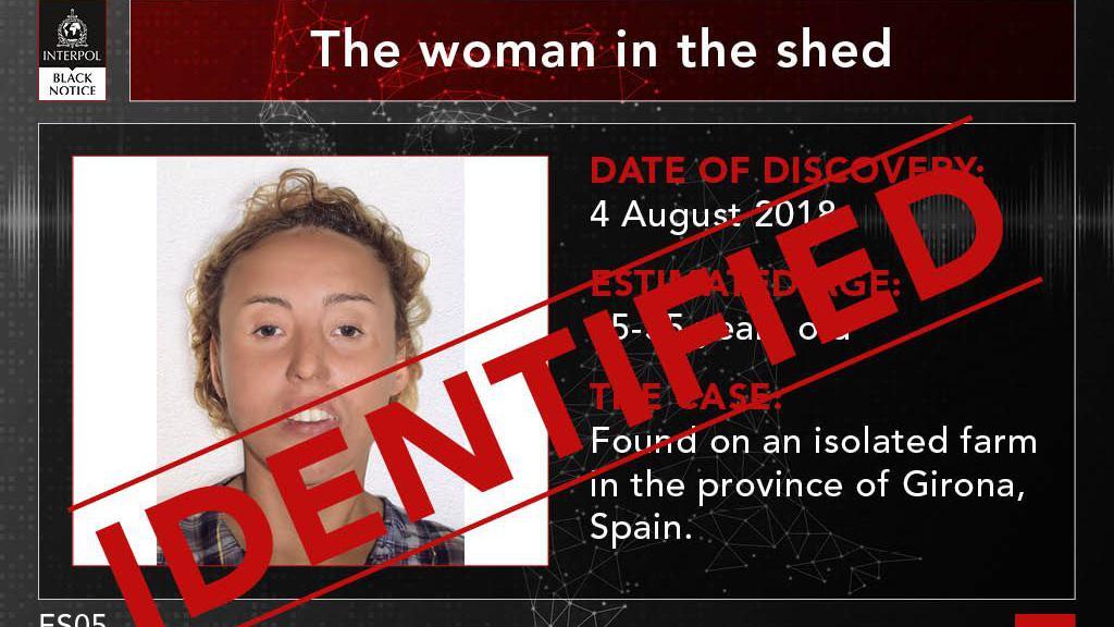 A poster with a computer generated image of a woman with 'woman in the shed' text above the image, and text saying 'date of discovery' and a large 'identified' writing plastered over the entire poster