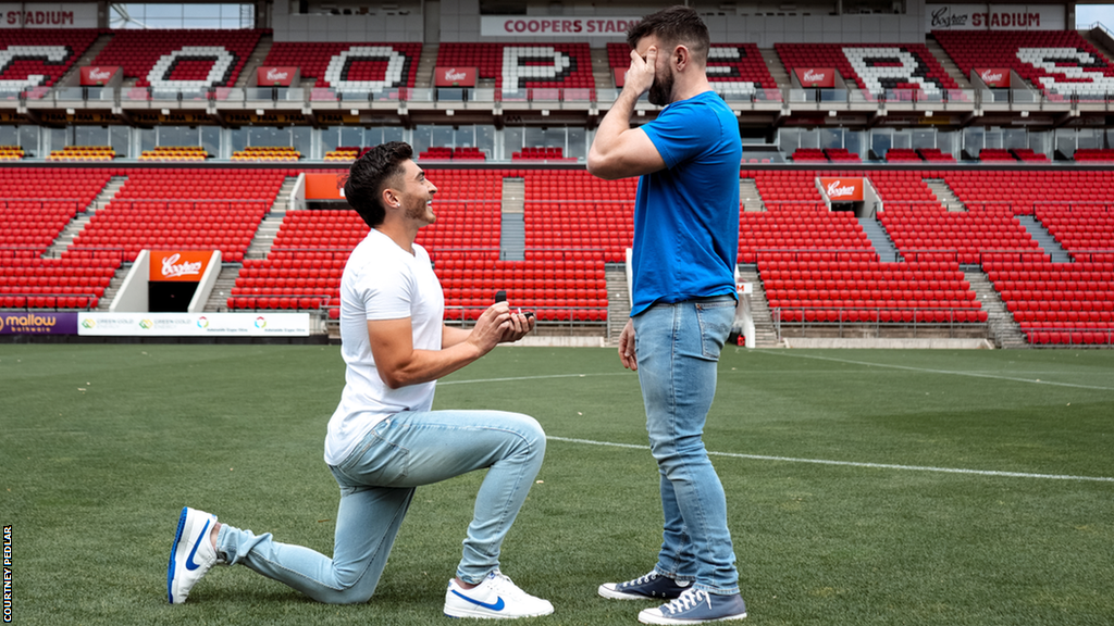 Footballer Josh Cavallo proposes to his partner at Adelaide United's Coopers Satdium