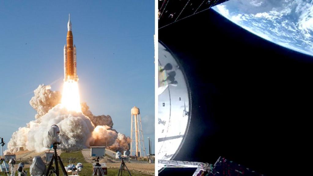 A split image of the rocket launching on the left and a scene of the Earth from space on the right