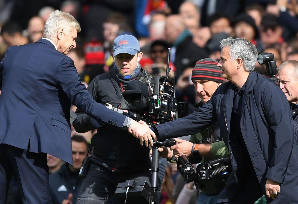 Arsenal manager Arsene Wenger was given a special presentation at Old Trafford, led by great rival and then-Manchester United boss Jose Mourinho, for his final visit in April 2018.