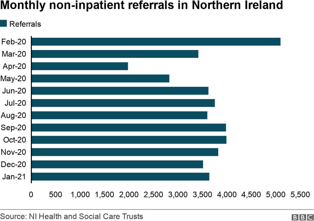 This table shows monthly non-inpatient mental health referrals across Northern Ireland for the 12 months from February 2020 .