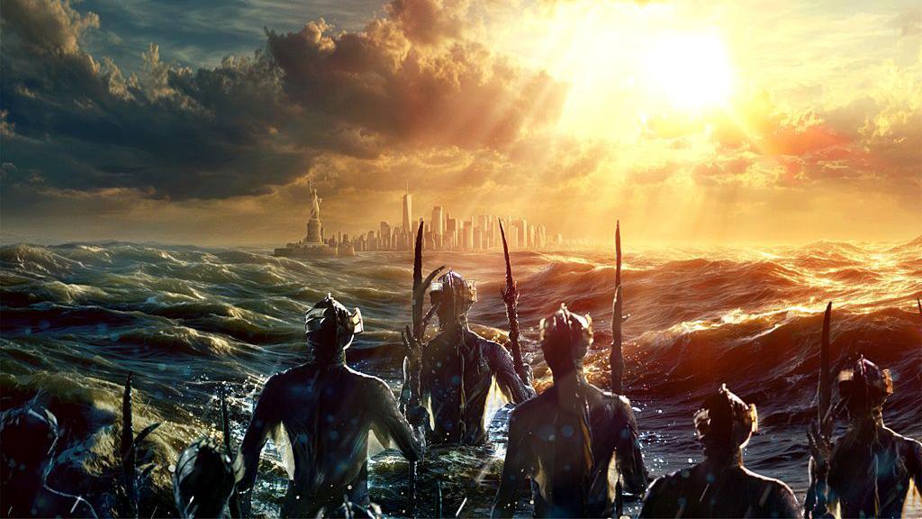 A dramatic shot of the Sea Devils as they emerge from the sea. The shot is from behind them and they are holding their spears as large waves move around them. On the horizon in the distance is the New York skyline with the Statue of Liberty visible to one side. Storm clouds are growing overhead, with the sun shining from behind.