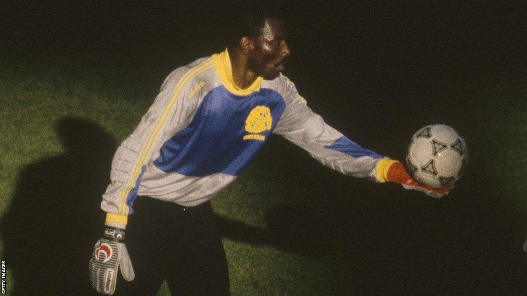 Cameroon goalkeeper Thomas Nkono playing football at the 1990 World Cup