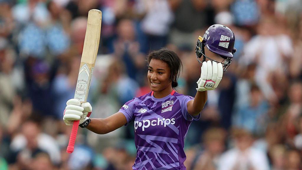 Davina Perrin of Northern Superchargers celebrates breaking a The Hundred record, after hitting a 42-ball century during The Hundred Eliminator match between Northern Superchargers Women and London Spirit Women at The Kia Oval on August 30, 2025.