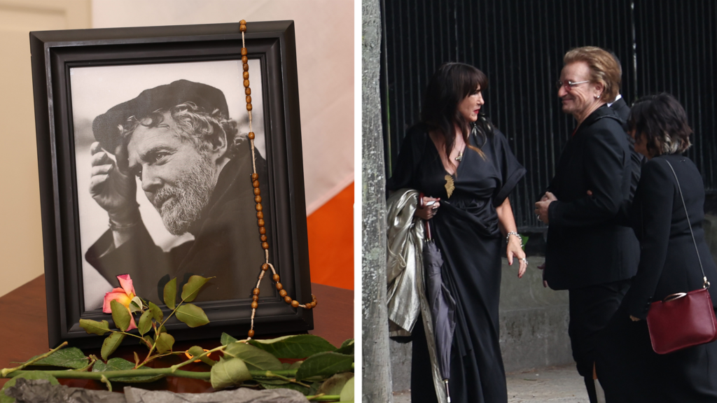 Composite image of pic of Glen Hansard on top of a table, and Bono from U2 arriving at the service