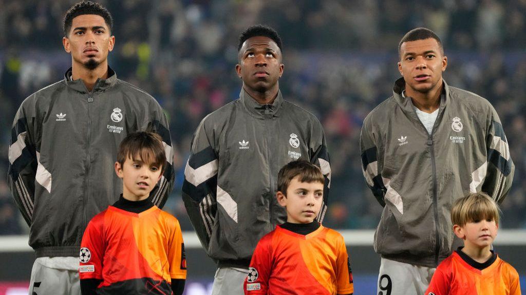 Jude Bellingham, Vinicius Jr and Kylian Mbappe line up for Real Madrid.