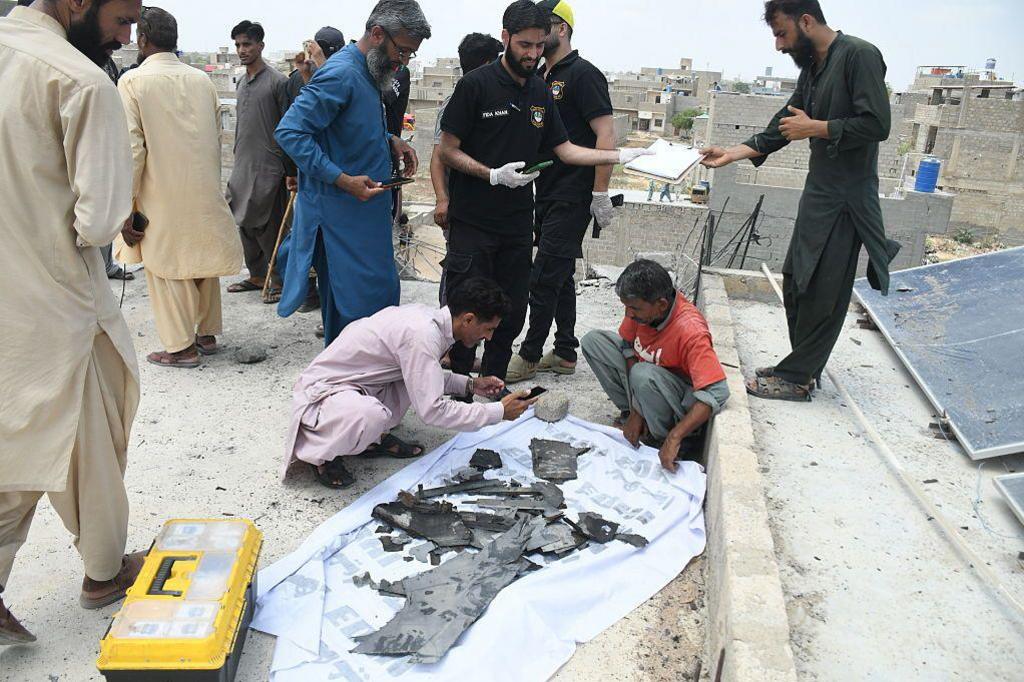 Remnants are being inspected after Indian drone strike on Karachi, Pakistan on May 08, 2025