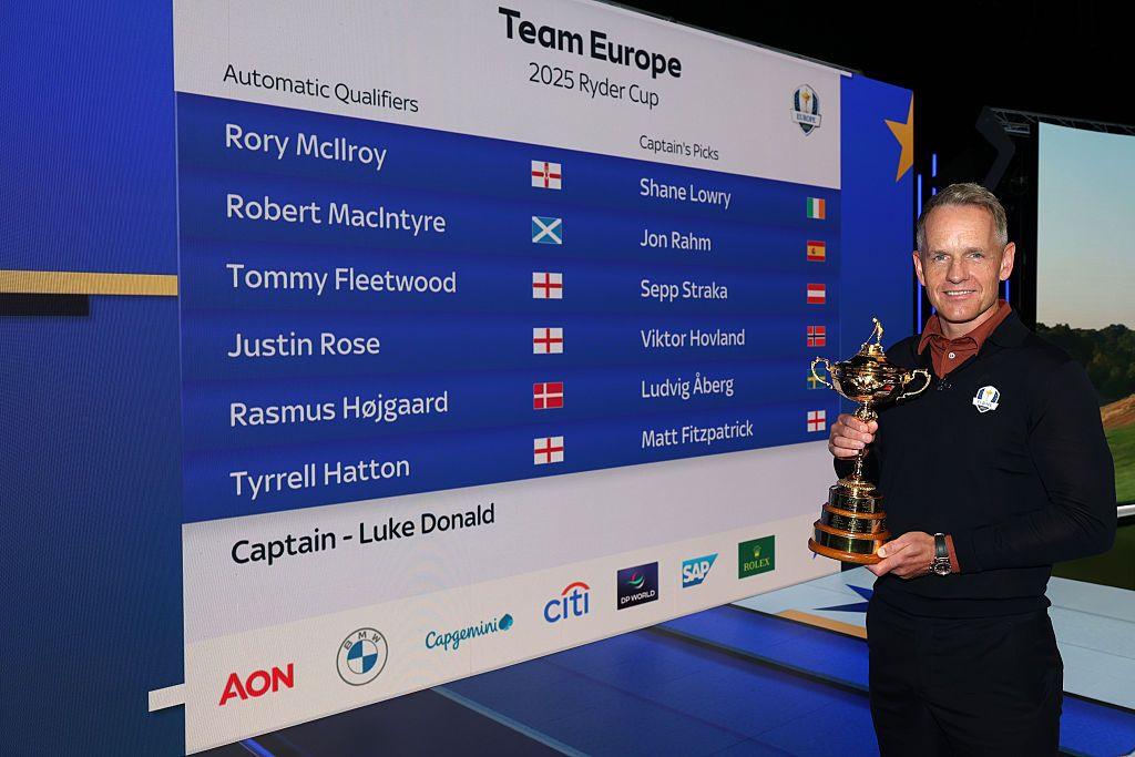 Luke Donald with the Ryder Cup and a screen showing his team