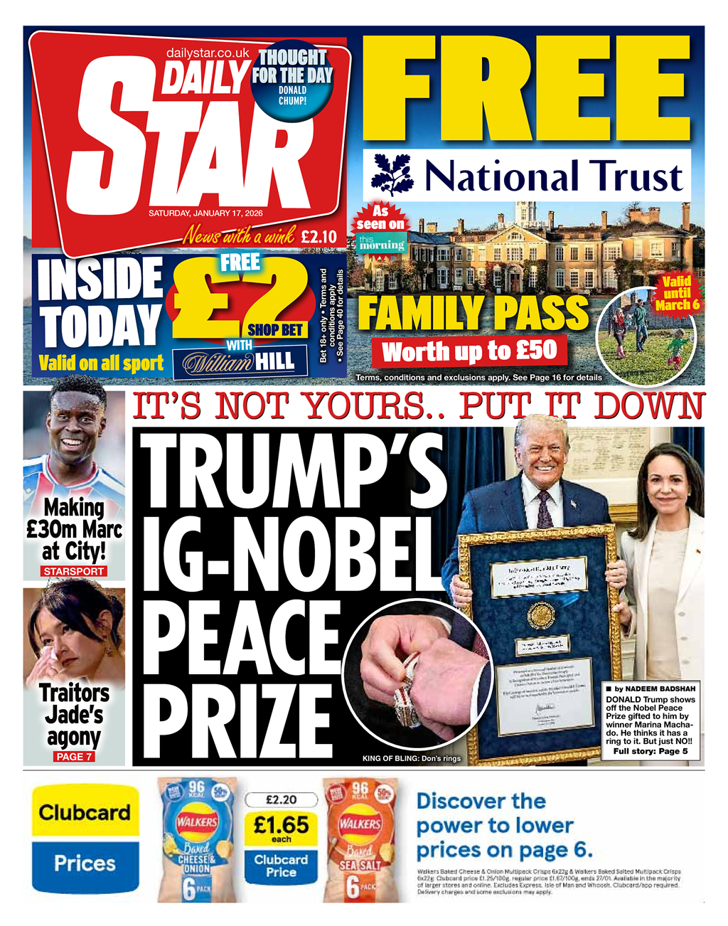 "Çmimi Nobel për Paqen i Trumpit" është titulli kryesor në faqen e parë të Daily Star.