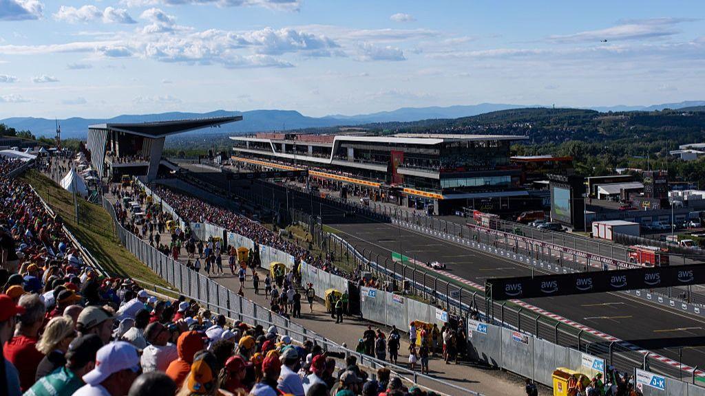 The start-finish line and pit-lane view from the grandstand