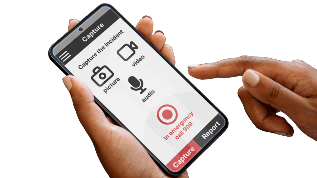 A pair of hands hold a smartphone. On the screen is an app allowing the user to capture an incident by picture, video or audio. There is also an option to report.