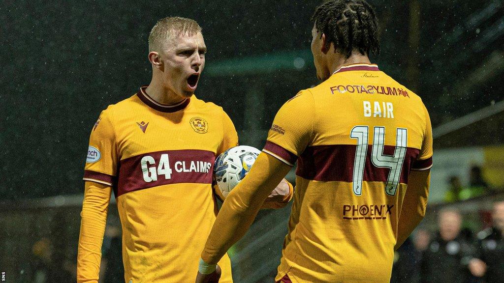 Mika Biereth (left) celebrates scoring for Motherwell