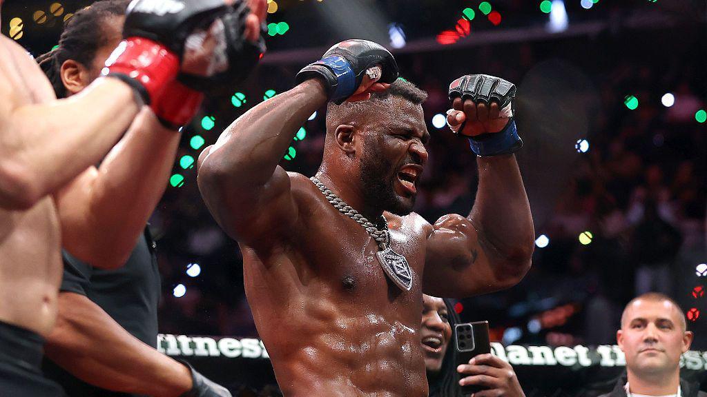 Francis Ngannou celebrates beating Philipe Lins at the Intuit Dome in Los Angeles