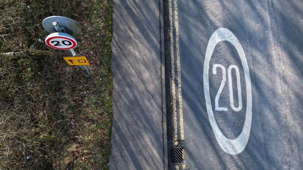 An aerial photograph of a 20mph Roadside sign and a 20mph road marking