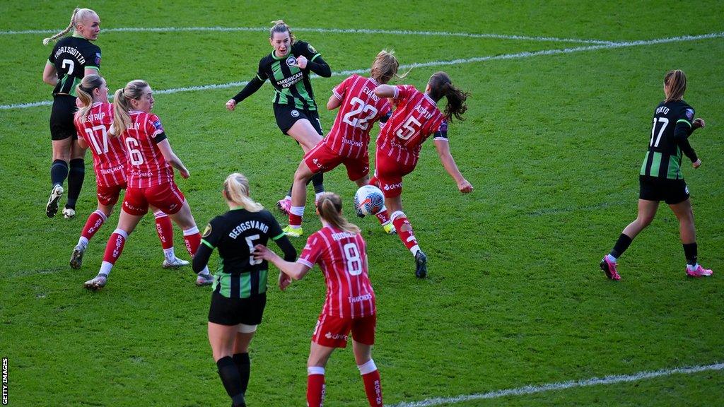 Elisabeth Terland of Brighton scores during their win against Bristol City