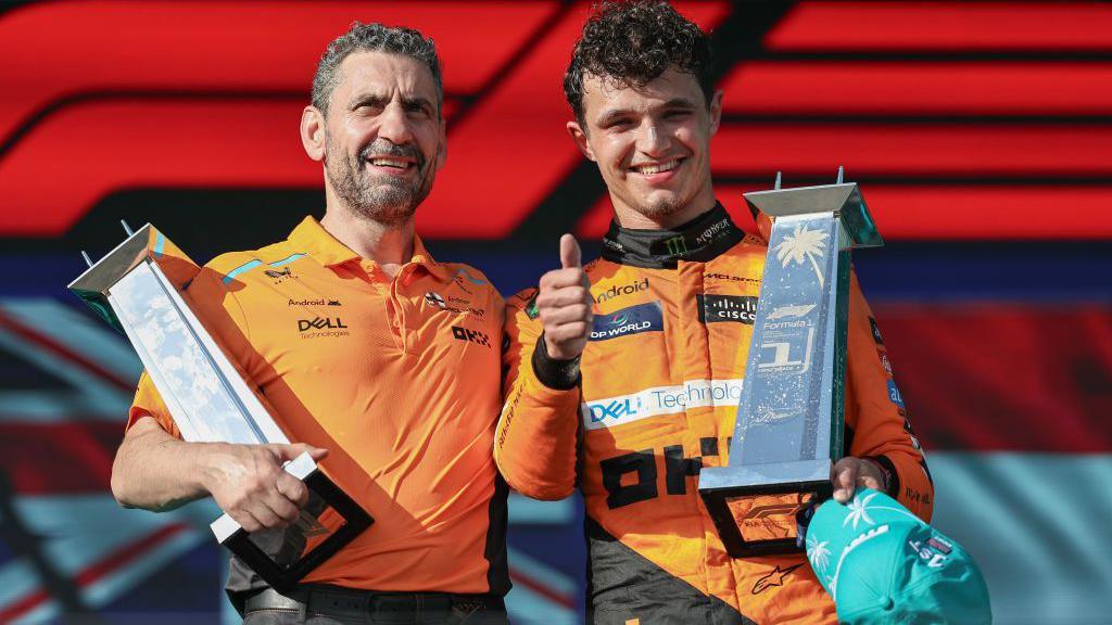 McLaren team principal Andrea Stella and driver Lando Norris celebrate winning in Miami