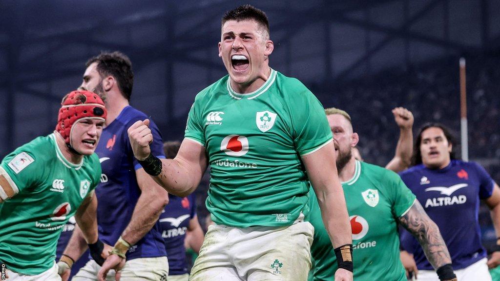 Dan Sheehan celebrates scoring a try