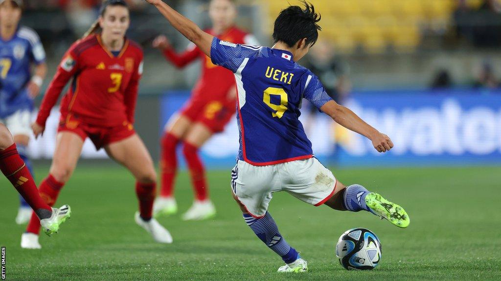 Japan's Riko Ueki takes a shot in a match versus Spain