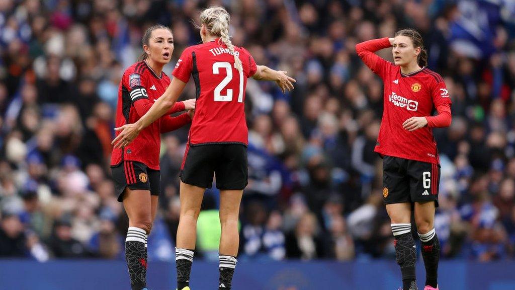 Hayley Ladd, Millie Turner and Katie Zelem during Chelsea v Manchester United