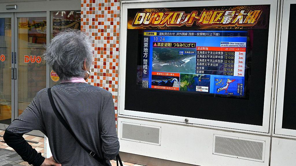 A woman watches a television broadcast of a tsunami warning for much of coastal Japan following a 8.7 magnitude quake in the sea off eastern Russia