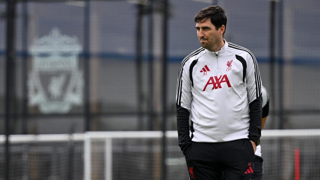 Liverpool head coach Andoni Iraola on the training pitch at the club's training base.