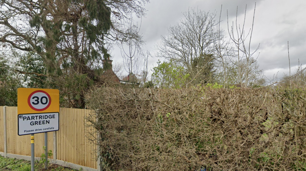 The village name sign of Partridge Green, in front of a wooden fence and a hedge.