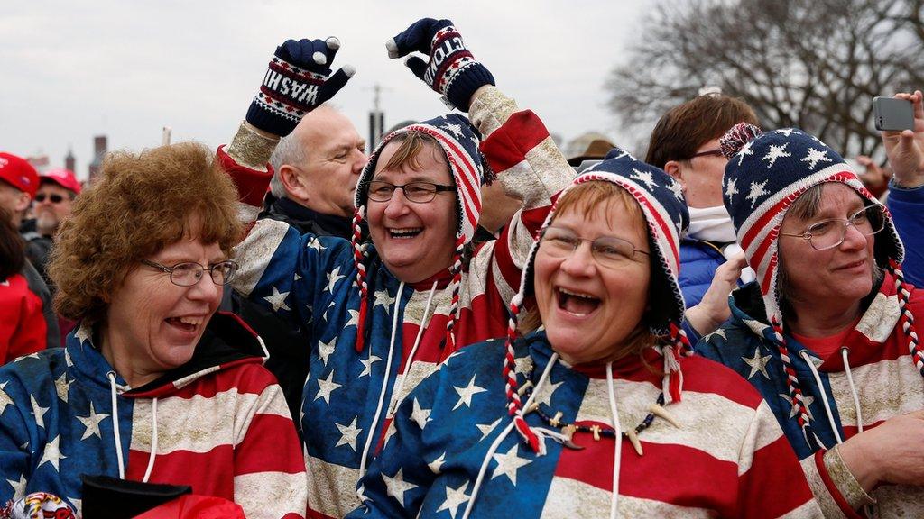 Enthusiastic members of the crowd on the National Mall during President Trump's inauguration