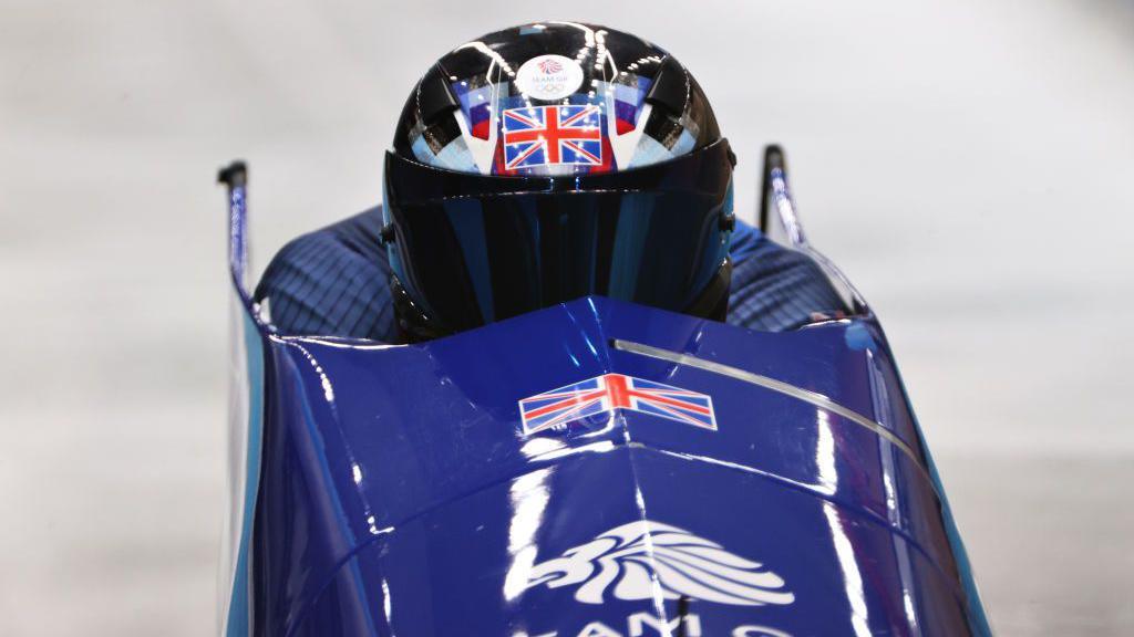 Brad Hall and Nick Gleeson of Team Great Britain slide during the 2-man Bobsleigh during the 2022 Winter Olympics