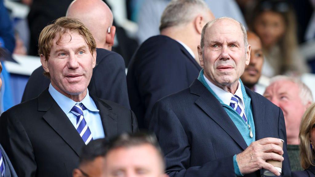 Portsmouth owner Michael Eisner with his son Eric during the Championship match between Portsmouth FC and West Bromwich Albion FC at Fratton Park