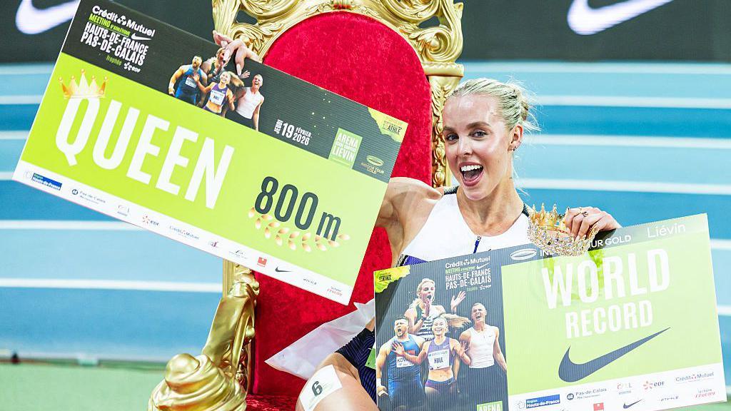Britain's Keely Hodgkinson celebrates after breaking the world record in the 800m women final at the Athletics meeting "Hauts-de-France Pas-de-Calais" as part of the World Indoor Tour Gold, in Lievin, northern France on February 19, 2026. 