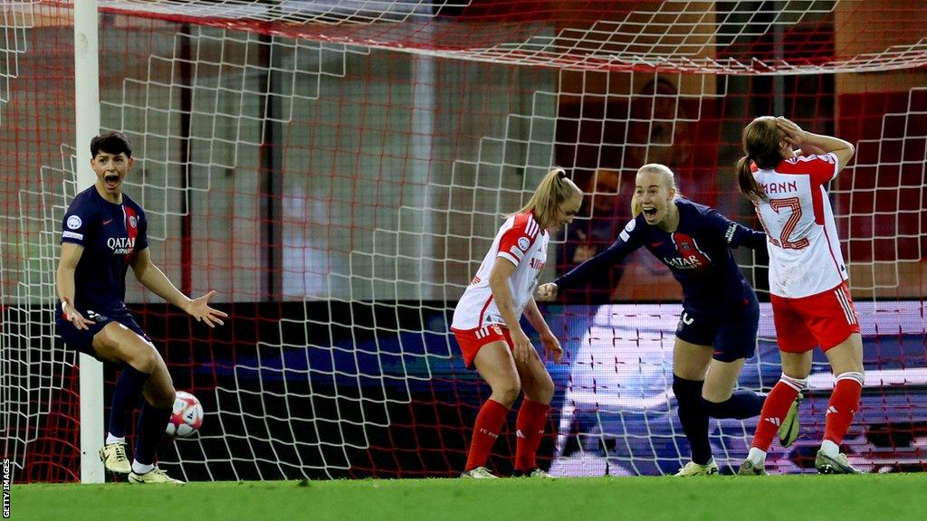 Paris St-Germain celebrate after Georgia Stanway's own goal